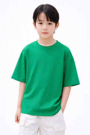 Pockman Boys Solid Pure Cotton Green Oversized Fit T-shirt