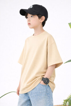 Pockman Boys Solid Pure Cotton Fawn Beige Oversized Fit T-shirt 4 2 26
