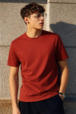 Pockman Rust Red Relaxed Fit Premium Cotton T-Shirt for Men
