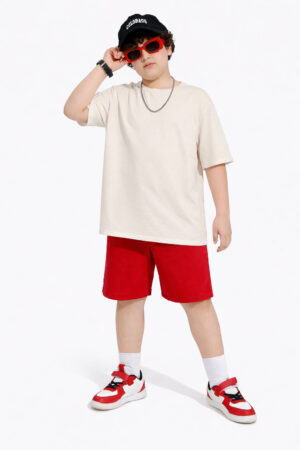 Pockman Boys Solid Pure Cotton Off White Oversized Fit T-shirt
