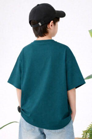 Pockman Boys Solid Pure Cotton Teal Oversized Fit T-shirt 4 4 17