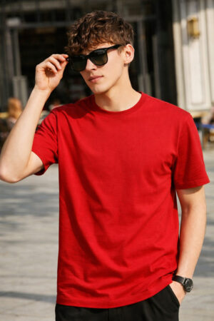 Pockman Red Relaxed Fit Premium Cotton T-Shirt for Men