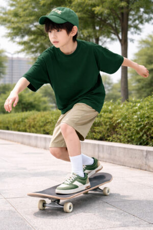 Pockman Boys Solid Pure Cotton Bottle Green Oversized Fit T-shirt