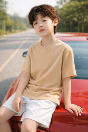 Pockman Boys Solid Pure Cotton Desert Sand Oversized Fit T-shirt