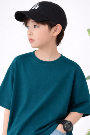Pockman Boys Solid Pure Cotton Teal Oversized Fit T-shirt 7 6 2