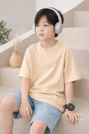 Pockman Boys Solid Pure Cotton Fawn Beige Oversized Fit T-shirt