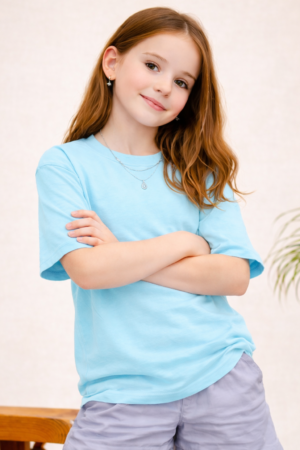 Pockman Girls Solid Pure Cotton Cloudy Blue Oversized Fit T-shirt