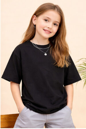 Pockman Girls Solid Pure Cotton Black Oversized Fit T-shirt
