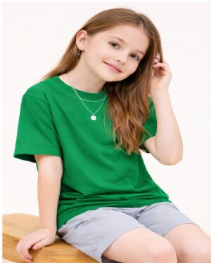 Pockman Girls Solid Pure Cotton Green Oversized Fit T-shirt