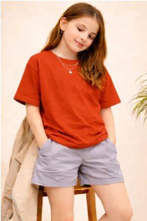 Pockman Girls Solid Pure Cotton Rust Red Oversized Fit T-shirt