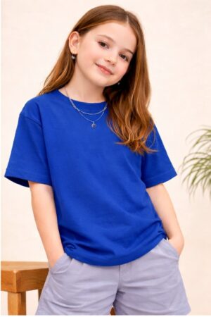Pockman Girls Solid Pure Cotton Royal Blue Oversized Fit T-shirt