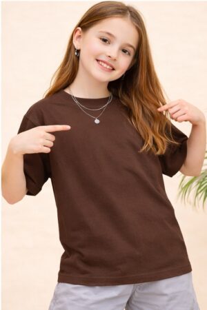 Pockman Girls Solid Pure Cotton Chocolate Brown Oversized Fit T-shirt