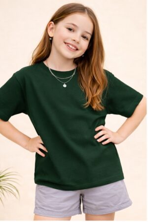 Pockman Girls Solid Pure Cotton Bottle Green Oversized Fit T-shirt