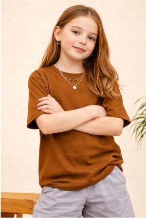 Pockman Girls Solid Pure Cotton Brown Oversized Fit T-shirt