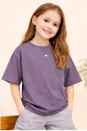 Pockman Girls Solid Pure Cotton Mauve Oversized Fit T-shirt