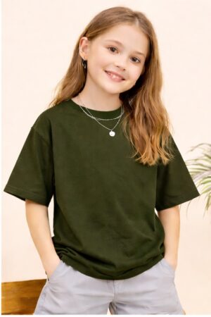 Pockman Girls Solid Pure Cotton Olive Oversized Fit T-shirt