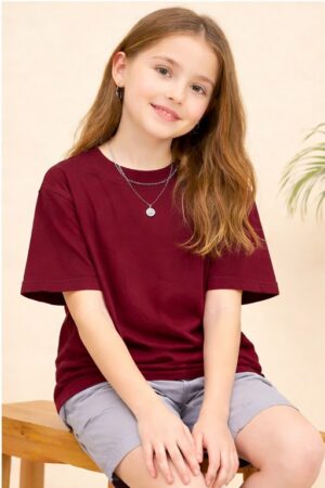 Pockman Girls Solid Pure Cotton Wine Oversized Fit T-shirt