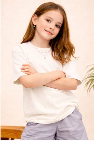 Pockman Girls Solid Pure Cotton Off White Oversized Fit T-shirt