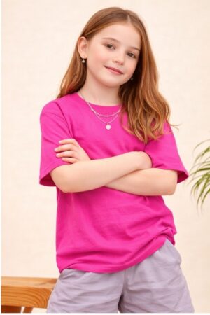 Pockman Girls Solid Pure Cotton Dark Fuchsia Oversized Fit T-shirt