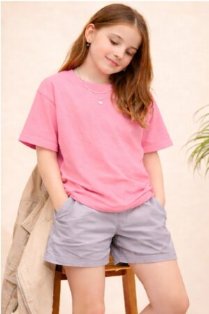 Pockman Girls Solid Pure Cotton Coral Pink Oversized Fit T-shirt