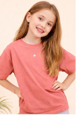 Pockman Girls Solid Pure Cotton Bright Pink Oversized Fit T-shirt