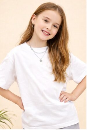 Pockman Girls Solid Pure Cotton White Oversized Fit T-shirt